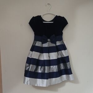 Jona Michelle Navy and Silver Striped Dress with Bow
